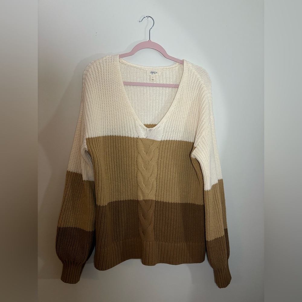 Style & Co. V-Neck Sweater in Cream, Tan, and Brown